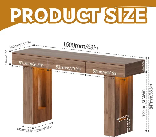 Miniatura 2 de PAKASEPT - Mesa de consola de 63 pulgadas con luces LED coloridas y 3 cajones, mesa de sofá rectangular de madera detrás del sofá, mesa de entrada