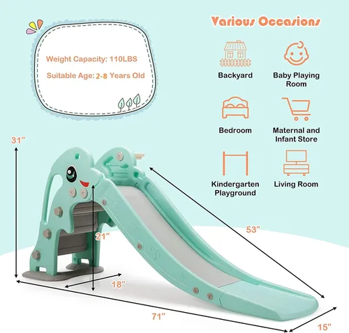 Miniatura 2 de Baby Joy Slide para niños, juego grande para escalador de juegos con pendiente de deslizamiento extralarga, aro de baloncesto y bola, regalo ideal