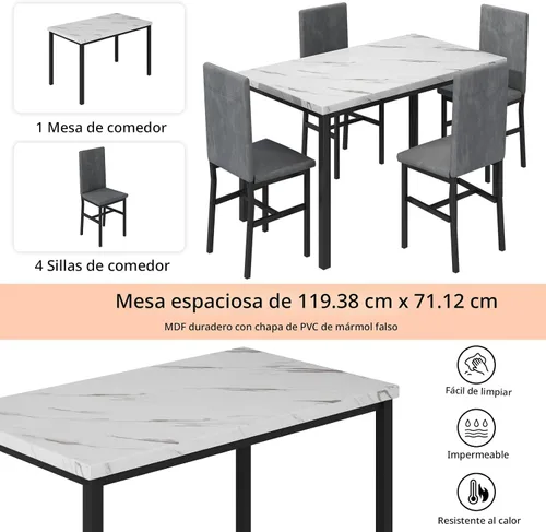 Miniatura 9 de Hooseng Juego de mesa de comedor de 5 piezas para 4 personas con parte superior de mármol sintético y sillas de terciopelo, juego de mesa de cocina