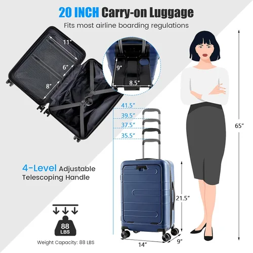 Miniatura 7 de Goplus Equipaje de mano, maleta rígida de policarbonato de 20 pulgadas con bolsillo frontal, mesa plegable, puerto de carga USB, doble bloqueo TSA