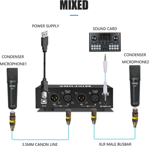 Miniatura 4 de MC2 - Fuente de alimentación Phantom de 2 canales y 48 V con cable de audio de 0.138 in para conectar interfaz de audio para micrófono