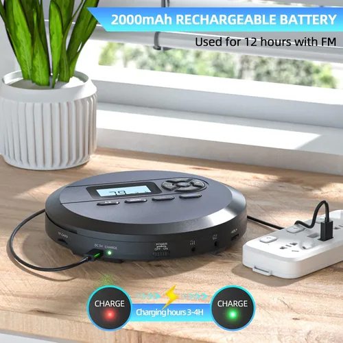 Miniatura 3 de DESOBRY Reproductor de CD portátil con altavoces y transmisor FM, reproductor de CD compacto recargable para coche batería integrada de 2000 mAh