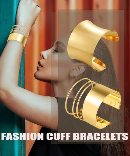 Miniatura 7 de BOMAIL Juego de 2 pulseras de brazalete para mujer, pulseras de alambre ancho abierto, pulsera dorada ajustable