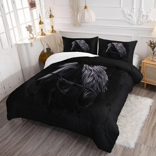 Miniatura 3 de Datura home - Juego de ropa de cama con edredón estampado de caballo negro, patrón de caballo oscuro, juego de ropa de cama con funda de edredón