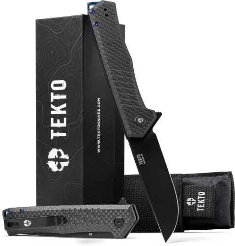 TEKTO F1 Alpha - Cuchillo de bolsillo plegable, hoja trasera recta modificada, acero D2 recubierto de titanio, ideal para acampar y mochileros al