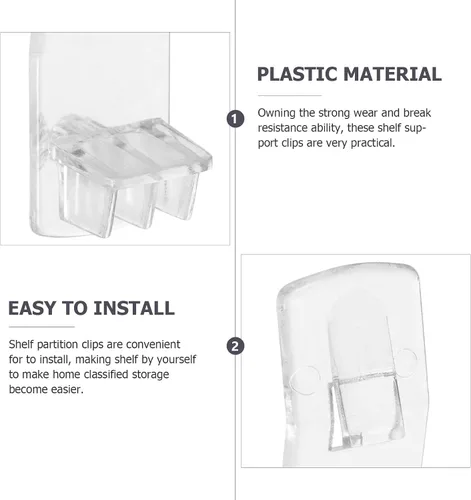 Miniatura 6 de Housoutil Clips de soporte para estantes, 25 clavijas de plástico para estantería, armario, armario, armario, plástico transparente, diseño