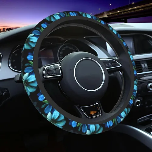 Funda de volante de flores azules para mujer, accesorios de automóvil, para niñas, universal, de 15 pulgadas, de neopreno, decoración interior de