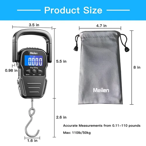 Miniatura 5 de Escala de peces báscula de equipaje de 110 libras1102lbs con pantalla LCD retroiluminada báscula de pesca digital con cinta métrica báscula portátil