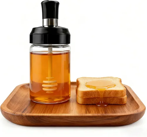 Miniatura 6 de MIUPOO Tarro de miel con cubierta de cuchara, diseño ondulado antideslizante botella de miel de vidrio, transparente de contenedor de miel, olla