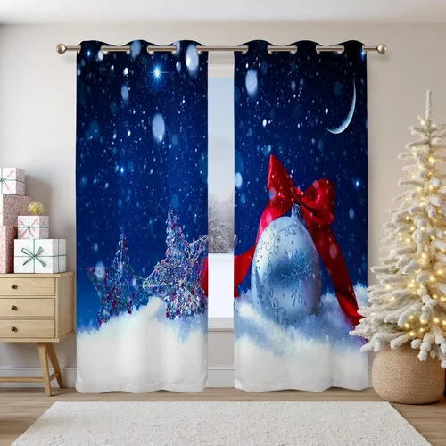 Miniatura 8 de Renaiss Cortinas opacas de Navidad con tablones de madera rústica para dormitorio, con ojales, estampado de copos de nieve navideños, cortinas