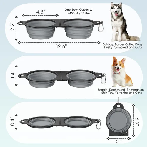 Miniatura 2 de Pawaboo Cuencos plegables 2 en 1 para perros, cuencos dobles para comida y agua, cuenco de silicona portátil de 180° con gancho de metal, comedero