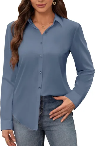 Miniatura 9 de Siliteelon - Camisas de vestir para mujer, a prueba de manchas, sin arrugas, de manga larga, sólidas, para trabajo y negocios, con botones