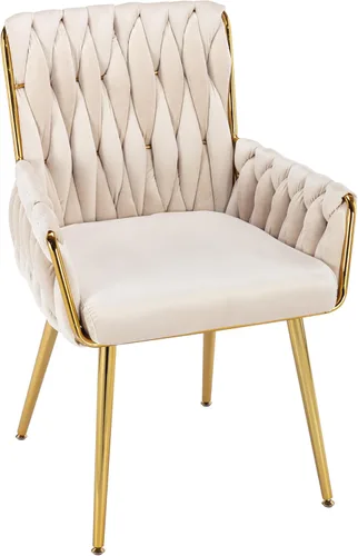 Miniatura 10 de Westice Silla de Escritorio de Terciopelo, Silla Cómoda Dorada para Oficina en Casa con Respaldo Tejido a Mano, Silla Giratoria de Altura Ajustable