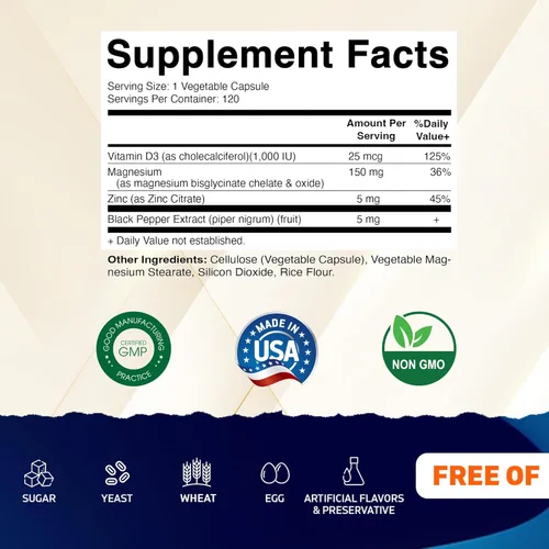 Miniatura 2 de Vitamatic Magnesio (de bisglicinato y óxido) con vitamina D3 y zinc - 120 cápsulas vegetales - Apoya la salud muscular, articulaciones, nervios