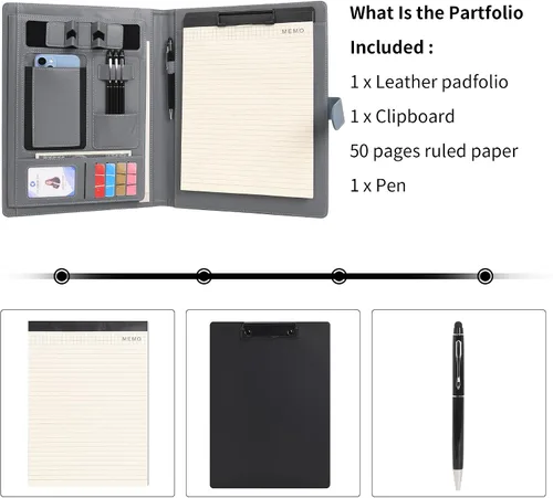 Miniatura 7 de Wason Portafolio Padfolio A4 Carpeta de cuero PU Archivo de archivos Estuche con almohadilla de escritura extraíble portapapeles tarjeta estuche