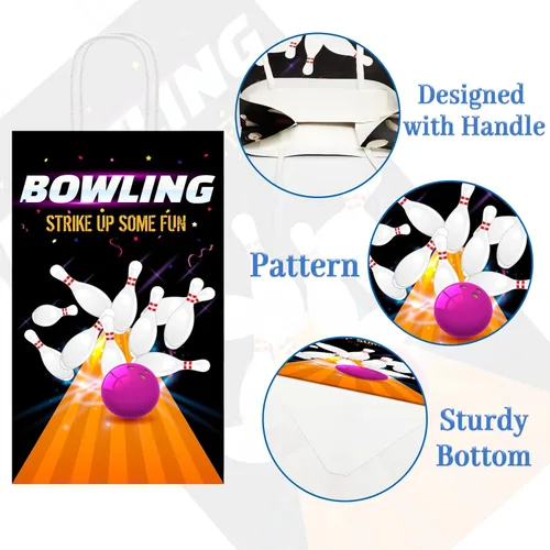 Miniatura 3 de Paquete de 12 bolsas de regalo con diseño de boliche para fiestas, bolsas de golosinas con mango para fiesta de cumpleaños con temática de boliche