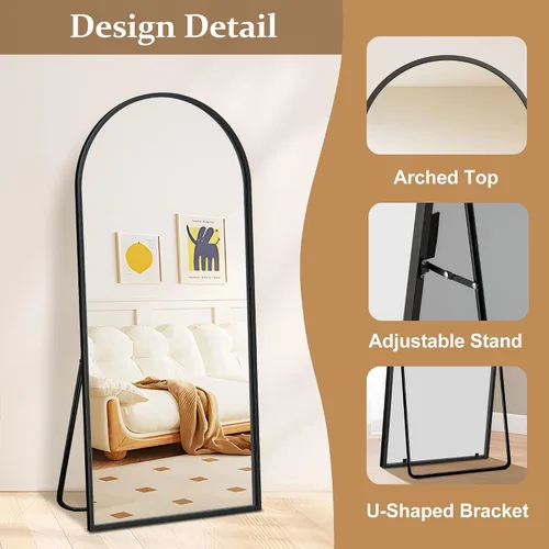 Miniatura 5 de Espejo arqueado de longitud completa con soporte, espejo de cuerpo completo de 64 x 21 pulgadas, espejo de pared de arco con marco fino de aleación