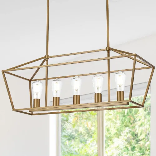 Miniatura 2 de Lámpara moderna de 5 luces para isla de cocina en acabado dorado, lámpara colgante industrial con marco de metal para comedor, vestíbulo, cafetería