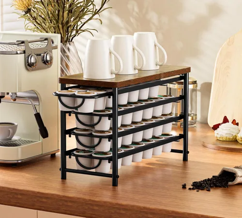 Miniatura 2 de HFHOME Soporte para cápsulas de café con parte superior de madera, compatible con K-Cups, cajón de almacenamiento de cápsulas de café de 4 niveles