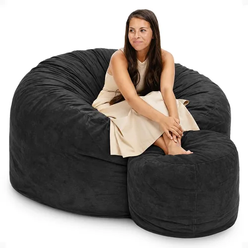 ULTIMATE SACK 5000 Silla Puf de 5-Pies con Reposapiés, Funda de Gamuza Negra – Tumbona de Espuma de Gran Tamaño, Asiento de Suelo, Sofá Pequeño, o