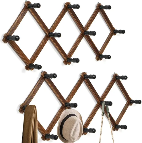 Miniatura 10 de WGFKVAS Perchero para sombreros de pared con 14 ganchos, de madera maciza, perchero expandible para colgar abrigos, sombreros, bolsos, gorras