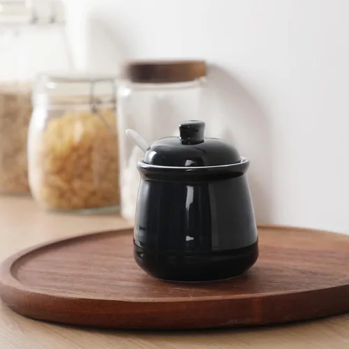 Miniatura 8 de Tazón de sal de porcelana con tapa y cuchara, azucarero de cerámica de 12 onzas (negro)
