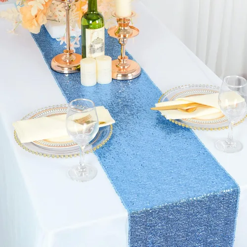 Miniatura 7 de ShinyBeauty Camino de mesa de lentejuelas de 12 x 108 pulgadas, color azul bebé, camino de mesa de lentejuelas con purpurina para fiestas, cubierta