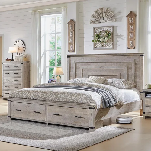 Miniatura 8 de RedLemon - Marco de cama de estilo granja Queen con cabecera geométrica de 137 cm de altura, cama de plataforma de madera rústica con 2 cajones