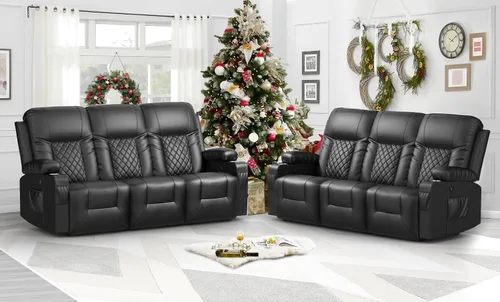 Miniatura 8 de FURNIMAT Sofá reclinable, sofá reclinable doble de 3 asientos, sofá biplaza de piel sintética, moderna silla reclinable para sala de estar, con Negro