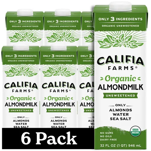 Califia Farms - Leche de almendra orgánica sin endulzar, 32 fl oz (paquete de 6), sin lácteos, vegana, a base de plantas, keto, vegana, sin gluten,