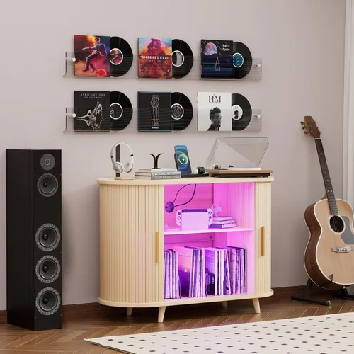 Miniatura 8 de Soporte para tocadiscos, gabinete de almacenamiento de discos de 39 pulgadas con estación de carga y puertos USB, soporte para tocadiscos