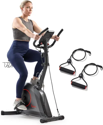 Sunny Health & Fitness Smart Stationary Exercise Upright Bike w/Pulse Sensor & 4-Way Adjustable Seat, Cycling Machine for Home Cardio Training, Free