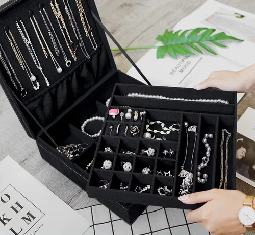 Miniatura 5 de QBeel - Cajas de joyería negras para mujeres hombres y niñas organizador de joyas de 2 capas con candado organizador grande de almacenamiento