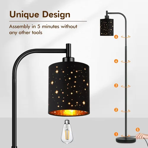Miniatura 7 de Lámpara de pie industrial gótica con pantalla cortada láser estrellada, lámpara de pie de metal negro de 67 pulgadas con bombilla LED de 6 W
