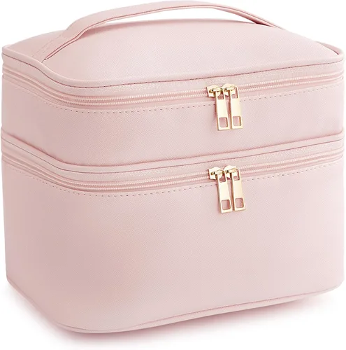 Miniatura 10 de HBlife Bolsa de maquillaje de viaje de doble capa, portátil, bonita bolsa de cosméticos de cuero, bolsa grande de maquillaje, organizador de Beige