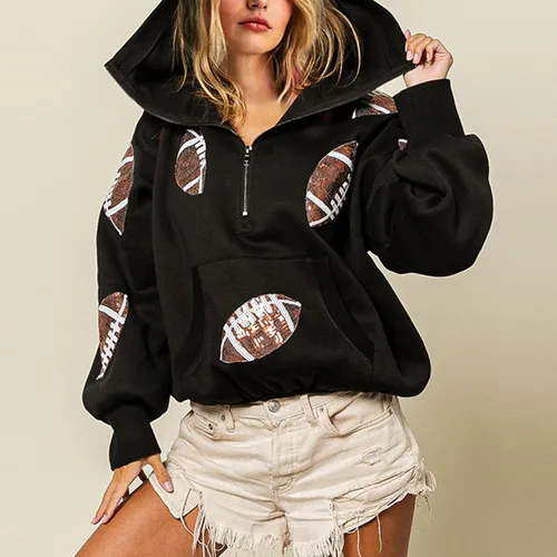 Miniatura 24 de SeekMe Sudaderas con capucha de lentejuelas para mujer, para el día del partido, suéteres de manga larga con cremallera y bolsillo
