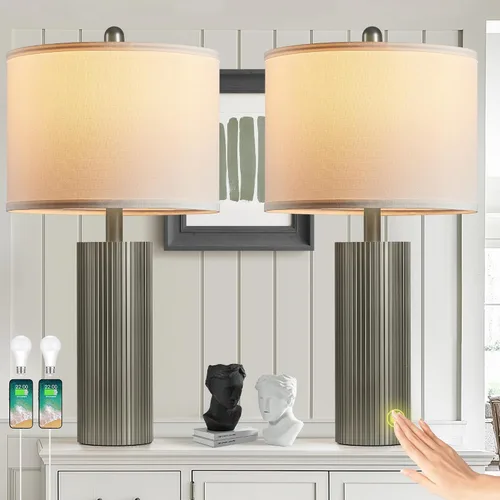 Miniatura 10 de Juego de 2 lámparas negras de 24.5 pulgadas, modernas lámparas de mesa para sala de estar con puertos USB C+A, lámparas táctiles creativas a rayas