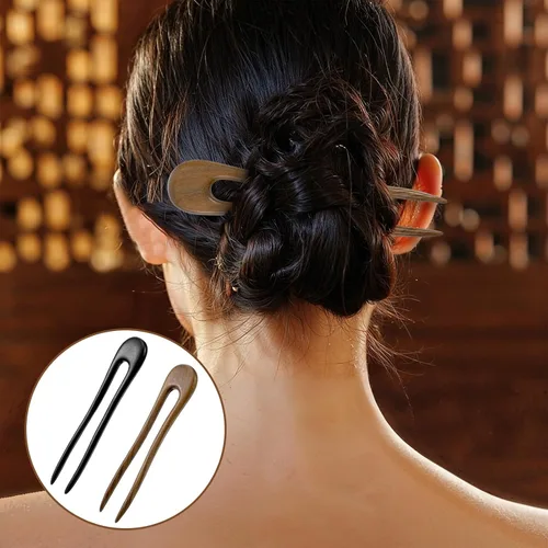 Miniatura 3 de Paquete de 2 horquillas en forma de U con dos puntas para moños, tenedores de madera para el pelo, horquillas de pelo francés, tenedor de madera