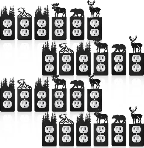 Miniatura 8 de Kingdder 12 Piezas Cubierta de Interruptor de Luz de Metal con Oso Alce Árbol Montaña Alce Negro Placa de Interruptor de Luz Bosque Tomacorriente