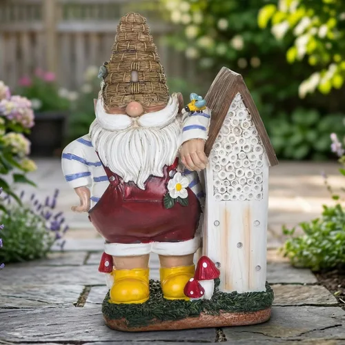 Topadorn Estatua de gnomo de resina de 11 pulgadas con casa de abejas, decoración de jardín pintada a mano, adorno de patio exterior resistente a la
