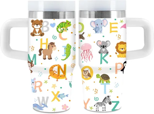 Vaso de 405 ml para niños con alfabeto de animales con asa, popote y tapa, vaso aislado de acero inoxidable, cosas con letras del abecedario, para