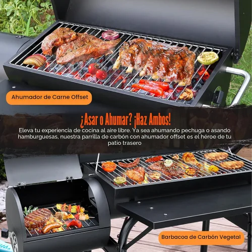 Miniatura 2 de Parrilla de carbón con ahumador offset: parrillas de carbón con área de cocina espaciosa Combo de parrilla de barril y ahumadores para patio