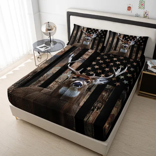 Miniatura 2 de HOSIMA Protector de colchón individual con diseño de bandera estadounidense y ciervos, funda de colchón de caza de ciervos con bolsillo profundo.
