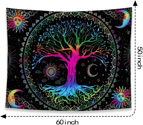 Miniatura 7 de Kanuyee Tapiz de pared con diseño de árbol de la vida, mandala, estrella y luna y galaxia, color negro para decoración de habitación