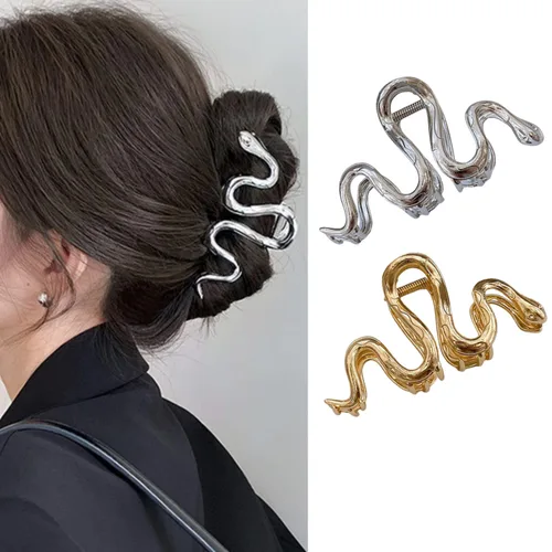 AIUPUOC Accesorios grandes de metal plateado de serpiente: pinzas para el pelo gruesas elegantes, pasadores, horquillas de plátano para mujeres y