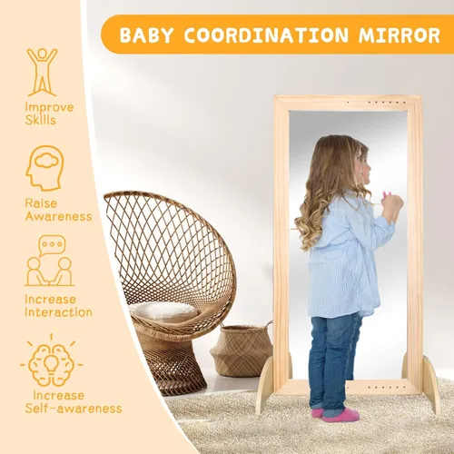 Miniatura 7 de Espejo Montessori con barra, barra de dominadas ajustable de madera para bebé, piso y pared, inastillable, seguridad, coordinación infantil, muebles