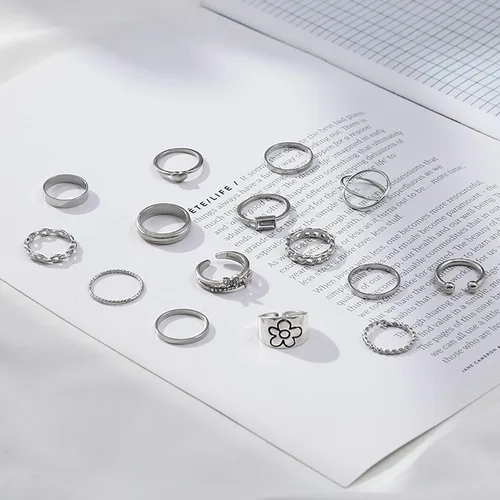 Miniatura 5 de Juego de 15 anillos bohemios para mujer, anillos de cristal con gemas, conjuntos de anillos de nudo para adolescentes, fiestas, anillos de joyería