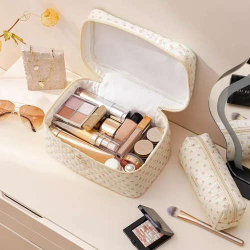 Miniatura 2 de HBselect Bolsa de maquillaje acolchada, 3 piezas de algodón grande, bolsa de maquillaje de viaje, bonita bolsa de maquillaje floral de coqueta