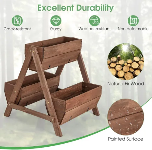Miniatura 6 de Giantex Cama de jardín vertical elevada, 3 cajas de madera para flores, verduras, frutas y hierbas, maceta de jardín independiente con agujeros