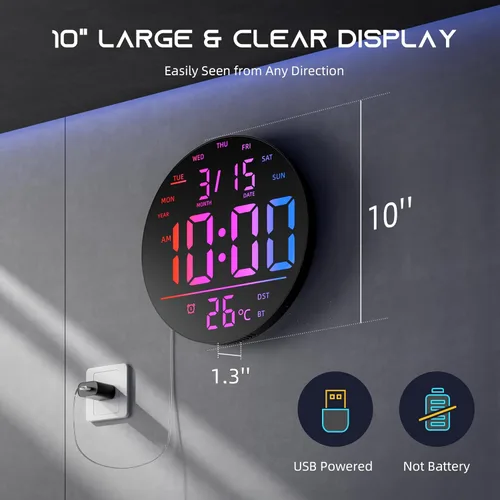 Miniatura 8 de EASYERA Reloj de pared digital grande de 10 pulgadas con control remoto, sincronización de música, luz de atmósfera RGB, baja reflectancia